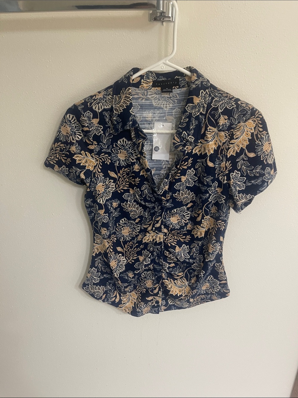 Button-Front Floral Shirt - Navy with Beige Print